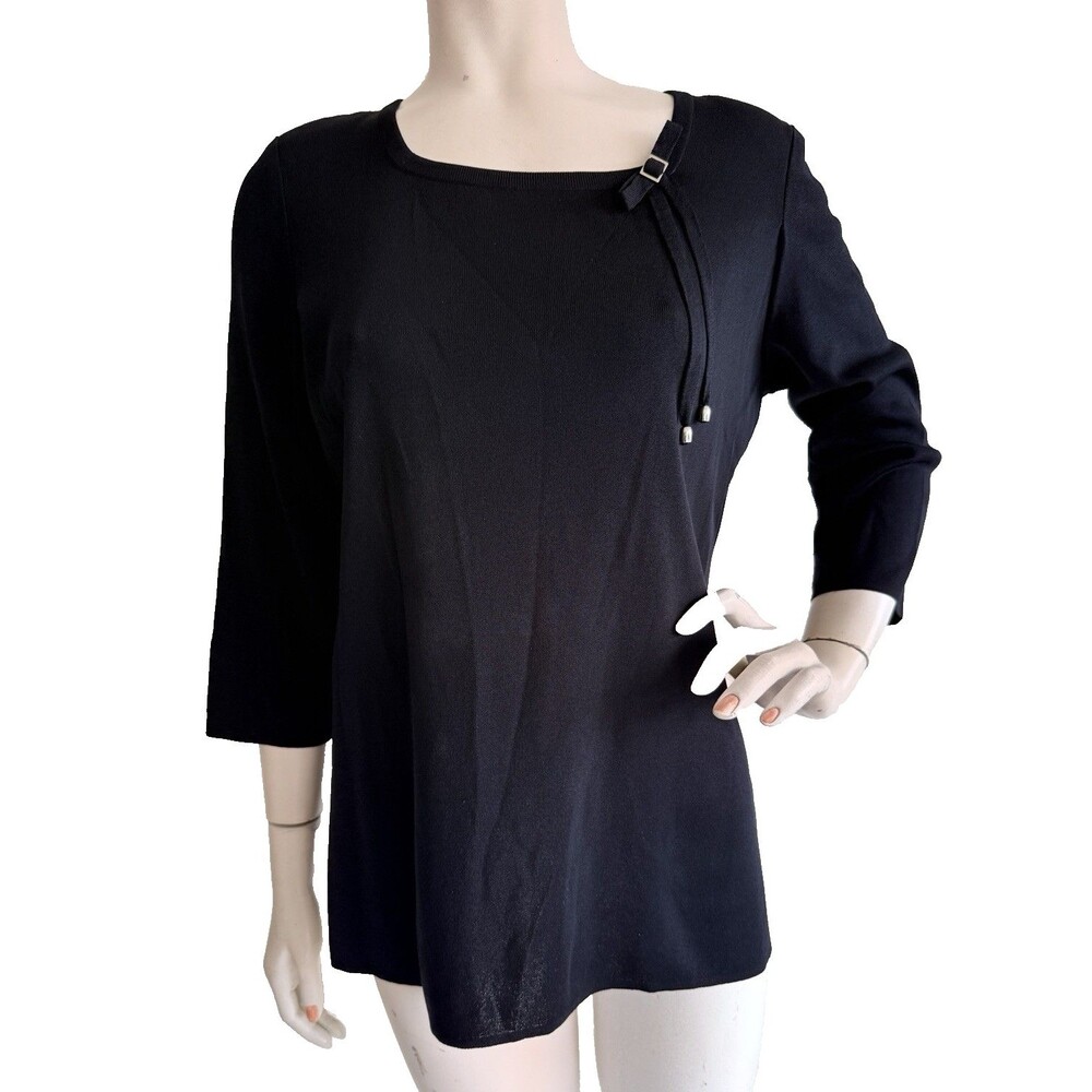 EXCLUSIVELY MISOOK Black Acrylic Top Blouse with Silver Buckle Bow Accent Size M
